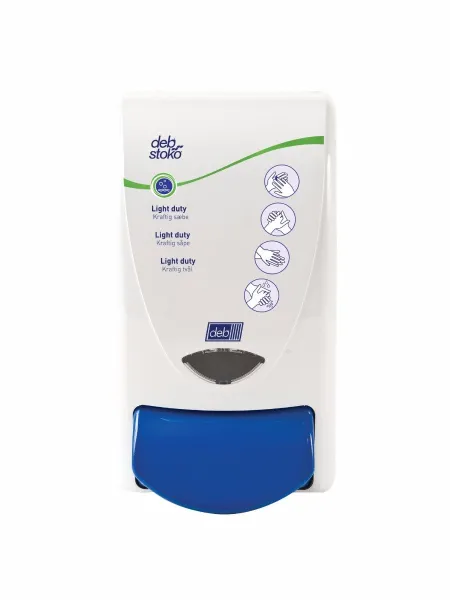 Deb Stoko Cleanse Light -annostelija puhdistavalle voide saippualle, valkoinen muovi, sininen painonappi, 1 L